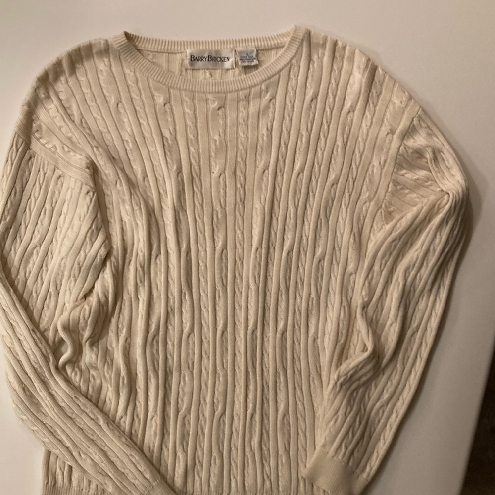 CLASSIC CABLE KNIT BARRY BRICKEN 100% SILK CREW NECK SOFT BEIGE SWEATER